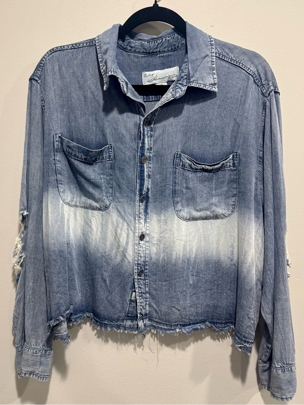 Vintage Havana Bleached Ombre Denim Shirt Small Cropped Distressed Chambray Top